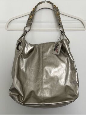 Carlos Santana Metallic Silver Stud-Accent Shoulder Bag